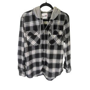 Miss Selfie Black and White Plaid Hooded Plaid Long Sleeve Shirt Women's Size Me
